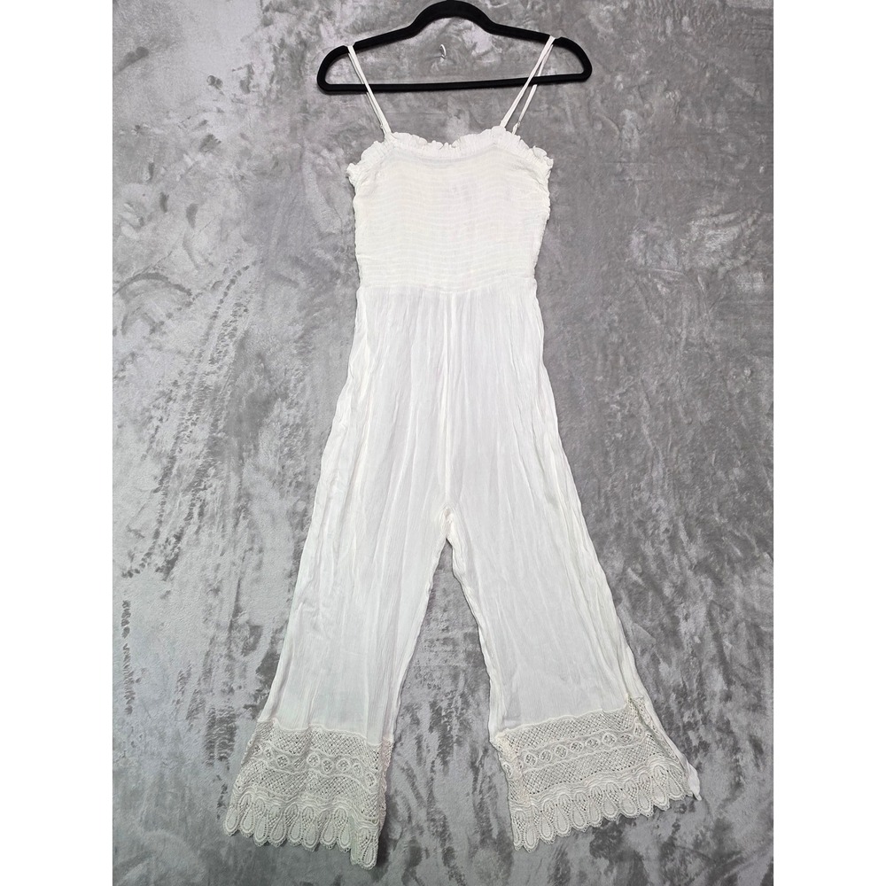 Japna Beachwear White Smocked Wide Leg Jumpsuit Crochet Lace Trim Medium